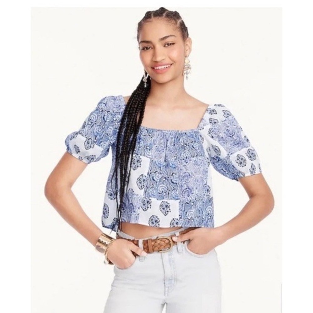 J CREW‎ Blue Floral Patchwork Puff Sleeve Crop Top L 100% Cotton